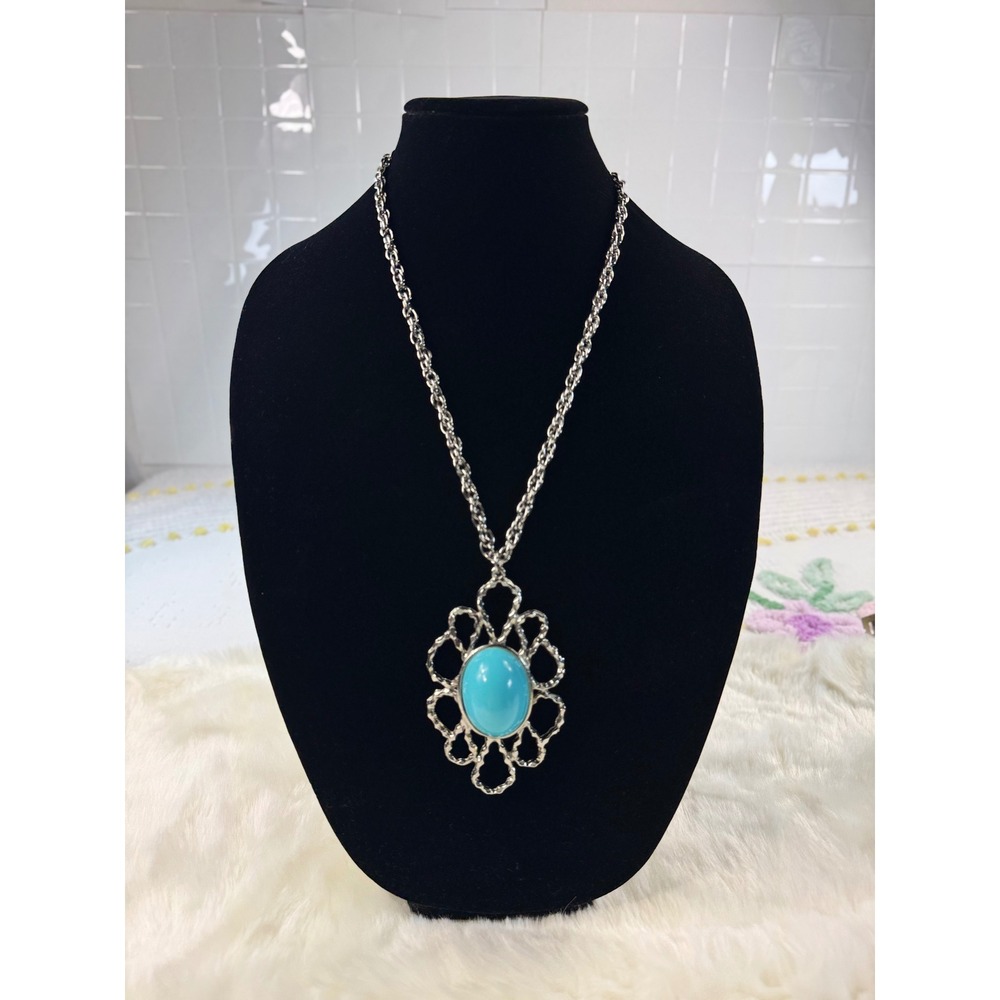 Silver vtg Tone Turquoise Oval Pendant Statement Necklace Women Fashion‎ Jewelry